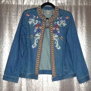 Chico's EUC size 1 (M) embroidered open-front jean denim jacket